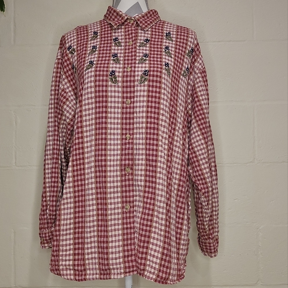 Vintage Cabin Creek Women's Button-Down Collar Embroidered Red/White Plaid SZ 2X